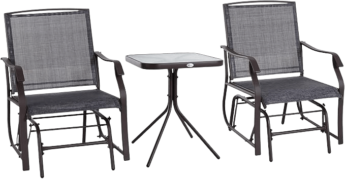 Outsunny Glider Rocking Chair & Table Set 2 Single Seaters Rocker Garden Swing Chair Patio Furniture Bistro Set Grey